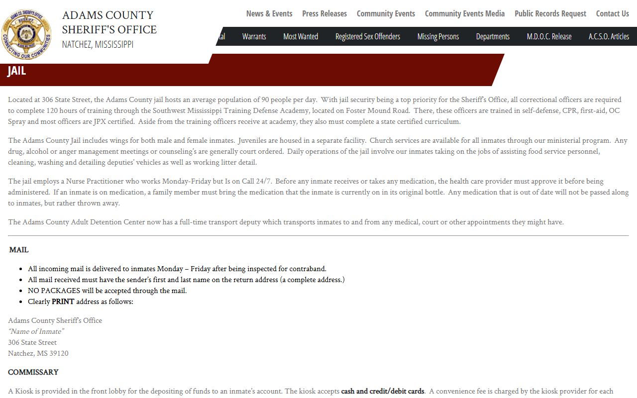 Adams County Jail page with inmate rules and jail record details