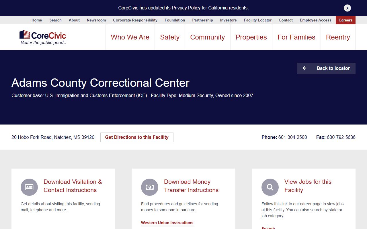 Adams County Correctional Center CoreCivic detainee facility page