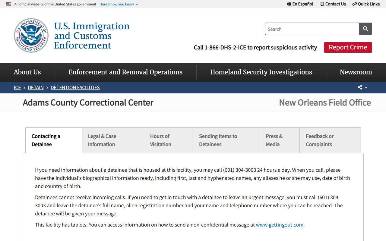 ICE Adams County detention center page with detainee information line